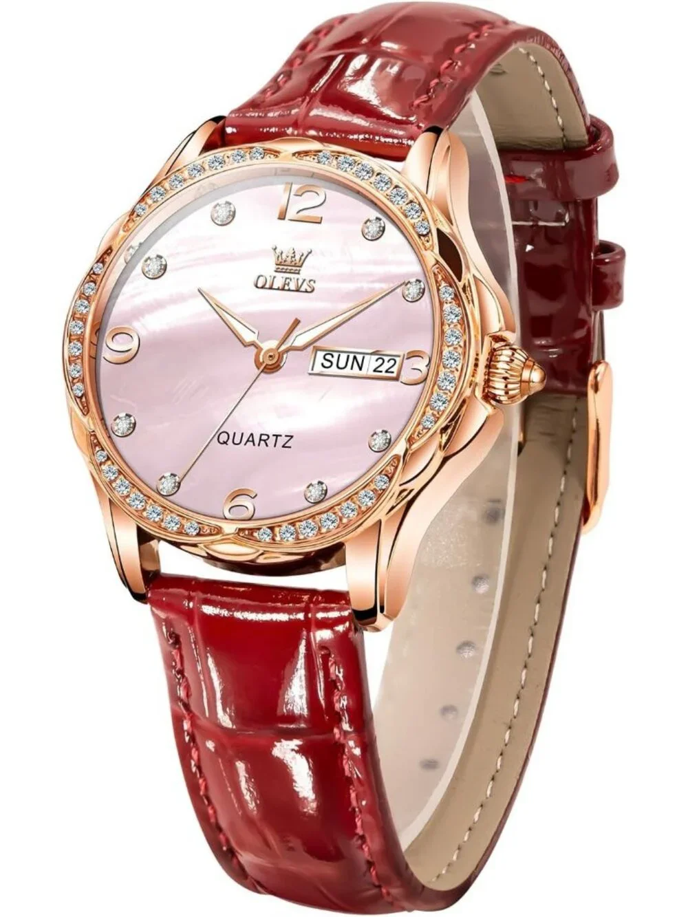 Women's Pink-Leather Rose Gold Ceramic Two Tone Ladies Wrist Watch Day Date Gift